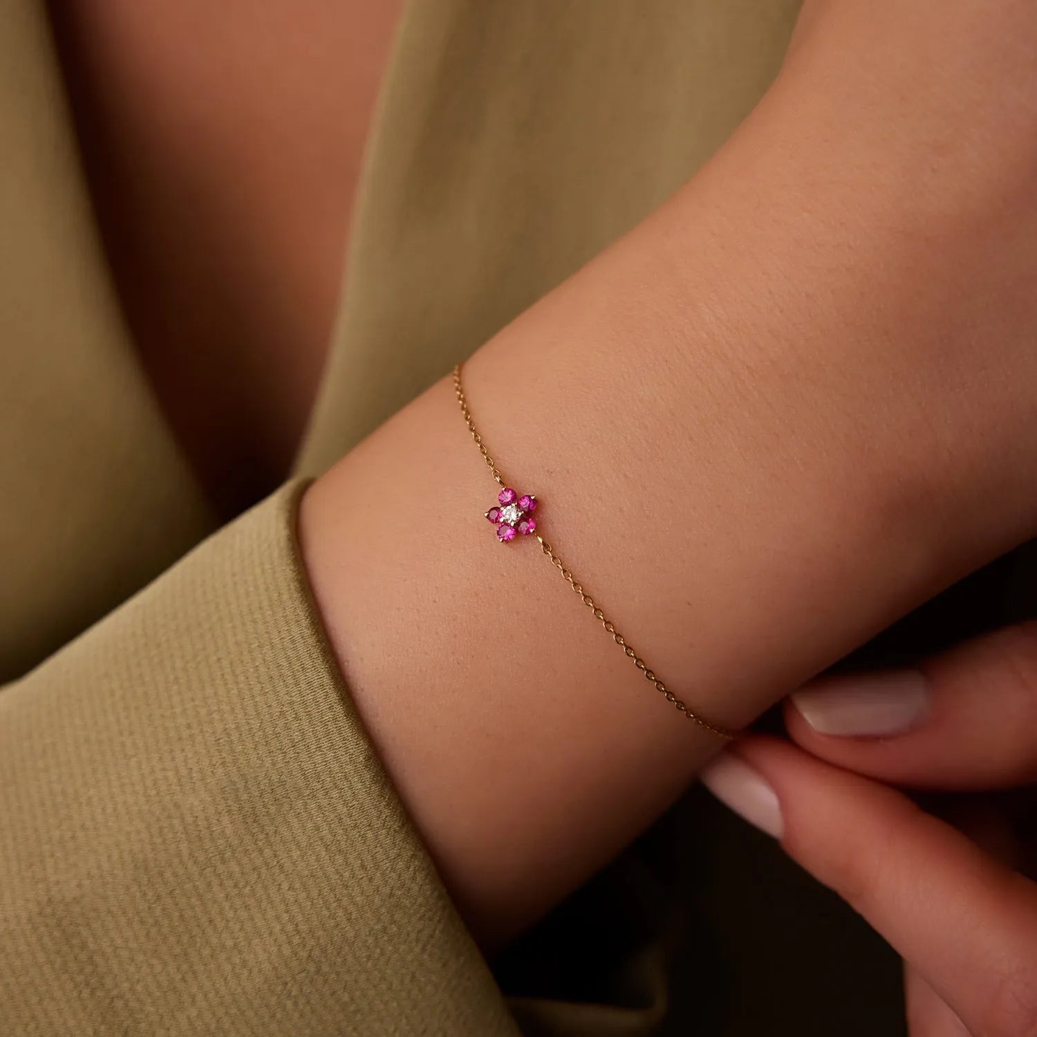 14K Solid Gold Round Ruby and Diamond Flower Charm Bracelet