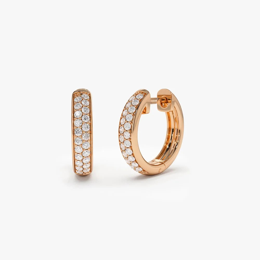 14k Gold Diamond Round Cut Double Row Micro Pave Petite Hoop Earrings 0.38 ctw
