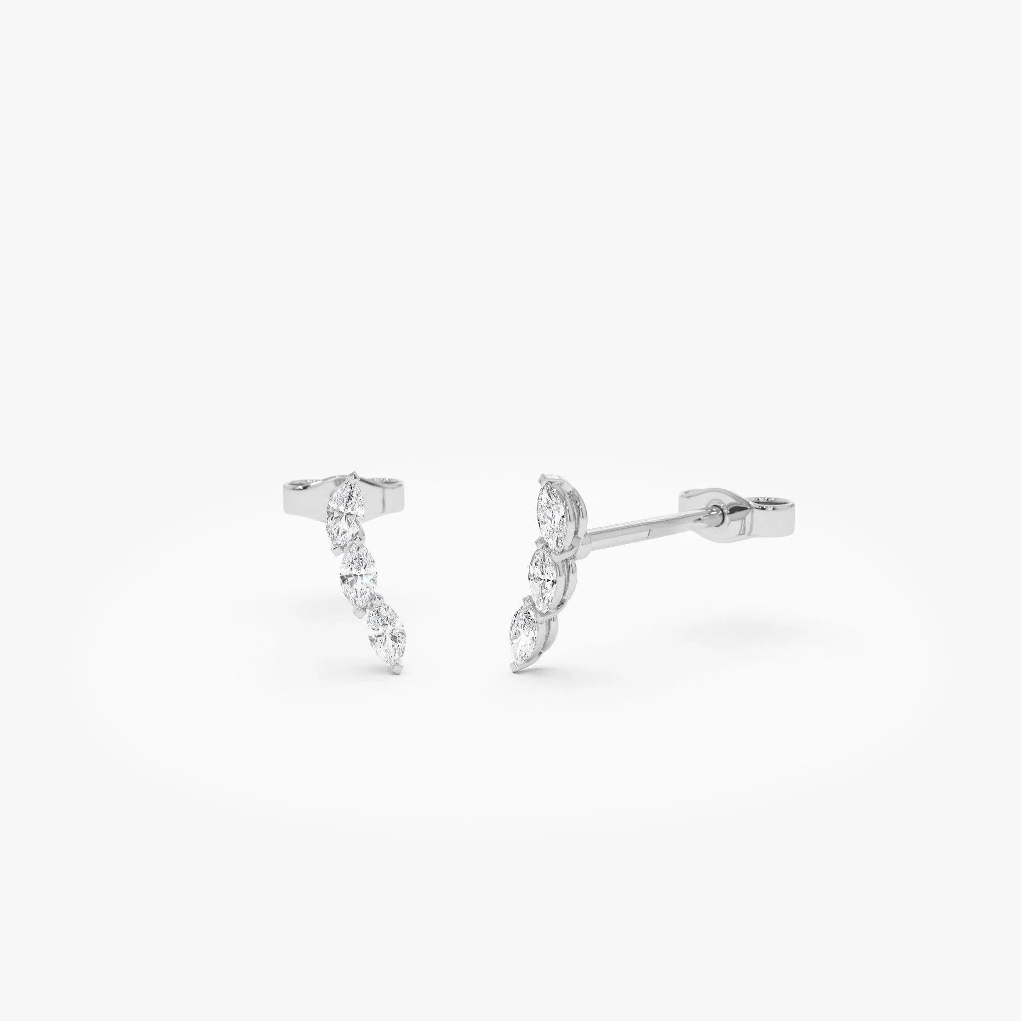 14k Gold Diamond Marquise Cut Three Stone Stud Earrings 0.18 ctw