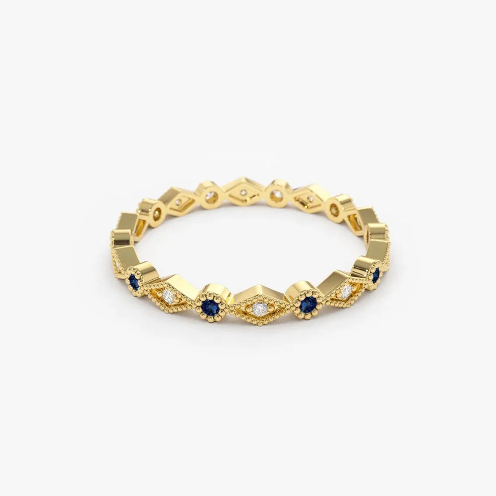 14k Gold Sapphire and Diamond Round Cut Art Deco Geometric Wedding Band Bezel Setting 0.20 ctw