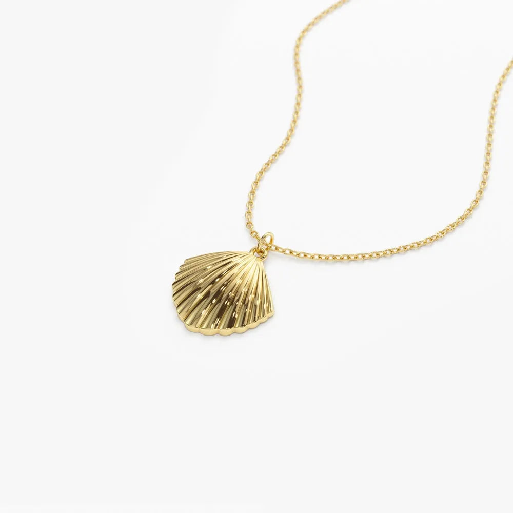 14k Solid Gold Shell Charm Pendant Necklace Coastal Beach Inspired
