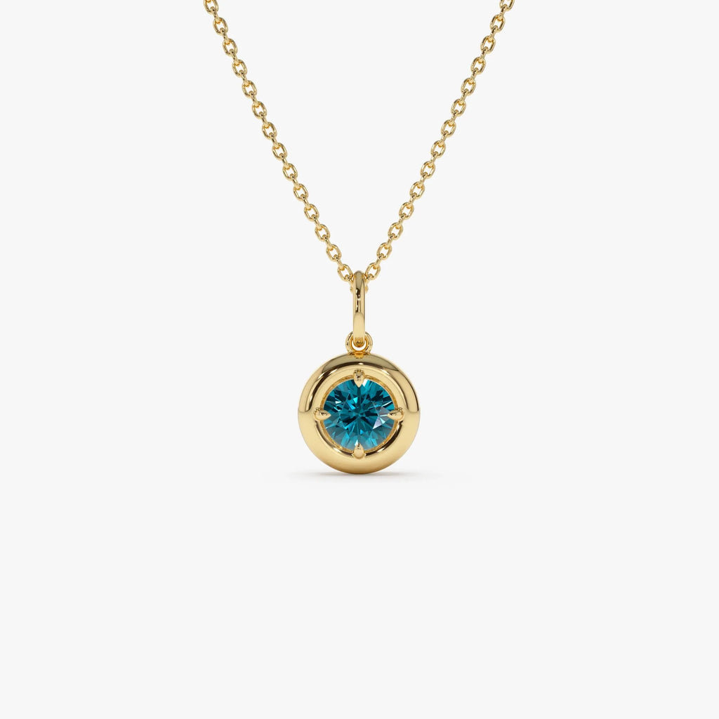 14k Solid Gold Round London Blue Topaz Charm Necklace 0.50 Carat Prong Setting