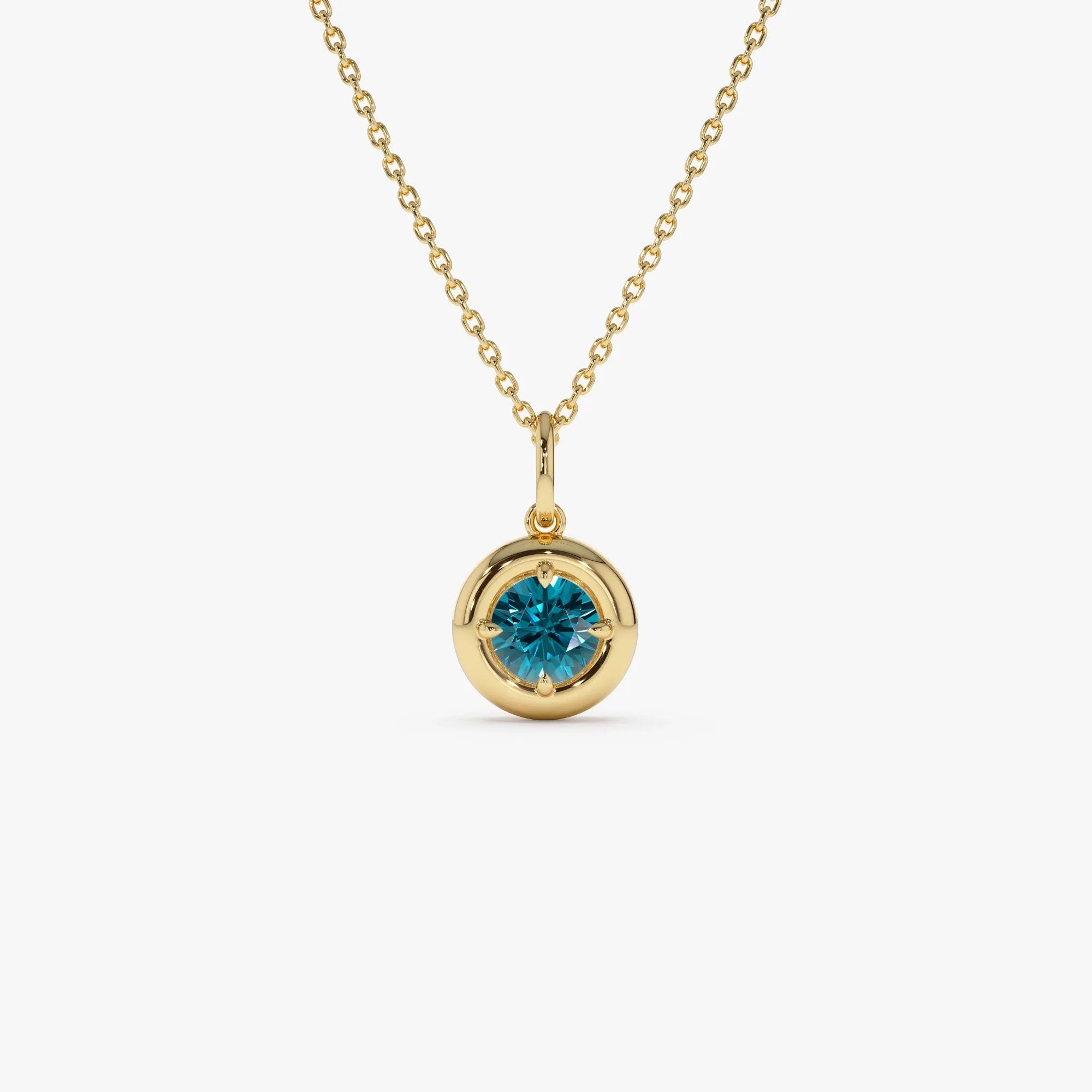 14k Solid Gold Round London Blue Topaz Charm Necklace 0.50 Carat Prong Setting