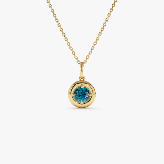 14k Solid Gold Round London Blue Topaz Charm Necklace 0.50 Carat Prong Setting