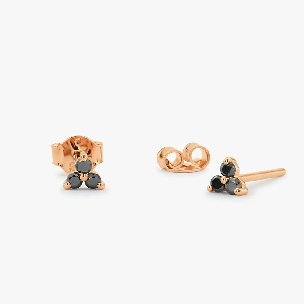 14k Gold Black Diamond Round Cut Trio Leaf Pattern Stud Earrings Prong Setting 0.18 ctw