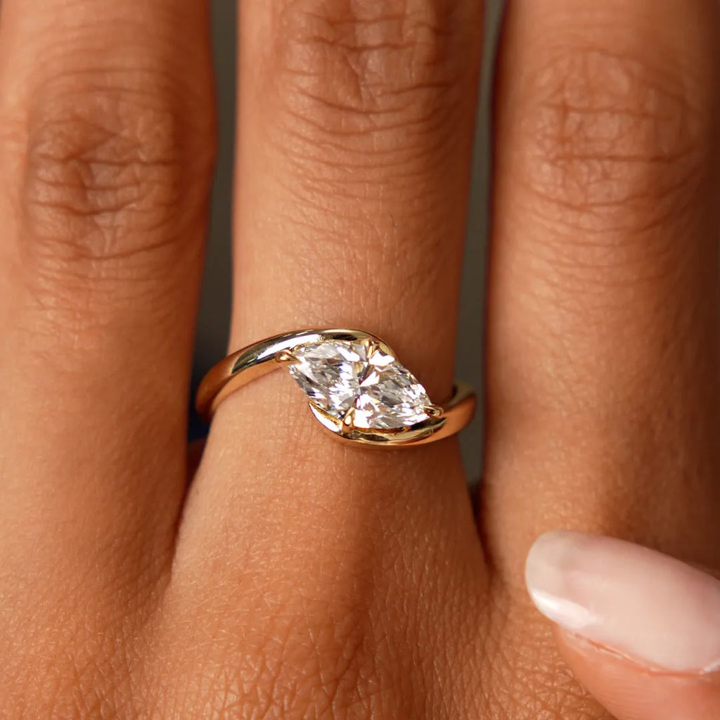 14k Gold Lab Grown Diamond Marquise Cut 1.00 Carat Criss Cross Solitaire Ring