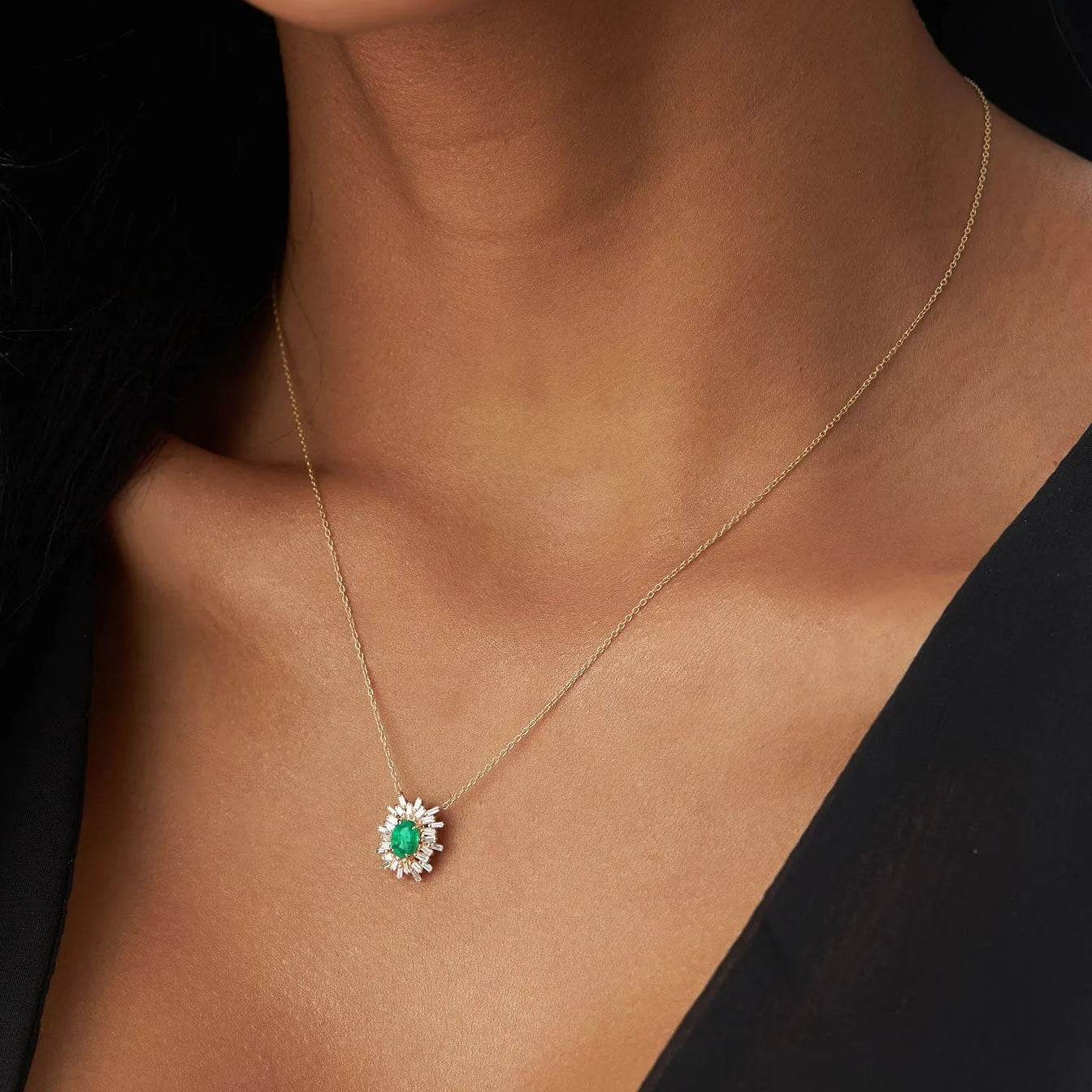14k Solid Gold Oval Emerald 0.43 CTW and Baguette Diamond 0.28 CTW Ballerina Halo Pendant Necklace