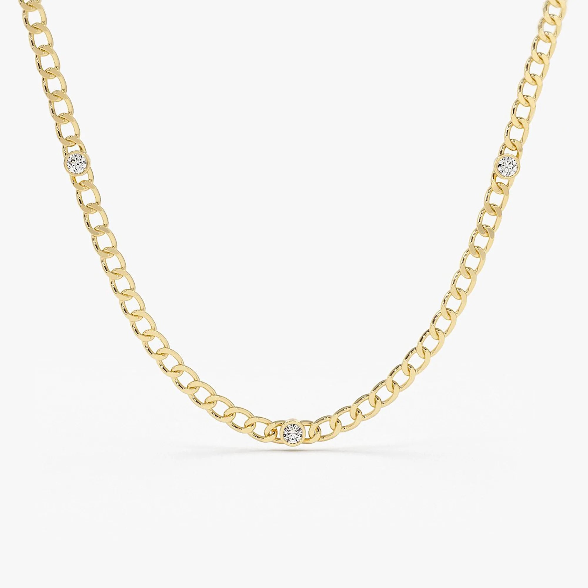 14K Solid Gold Round Diamond Cuban Link Necklace Bezel Set 3mm 0.30cttw