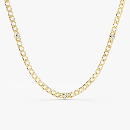 14K Solid Gold Round Diamond Cuban Link Necklace Bezel Set 3mm 0.30cttw