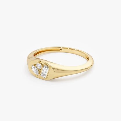 14K Solid Gold Mixed Cut Diamond Signet Ring 0.18 ctw Marquise Baguette and Round Natural Diamonds