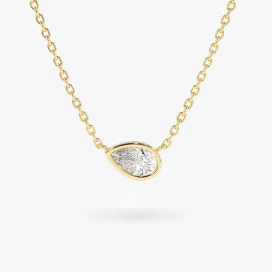 14K Solid Gold Pear Shape Diamond Horizontal Solitaire Necklace Bezel Set 0.23ctw