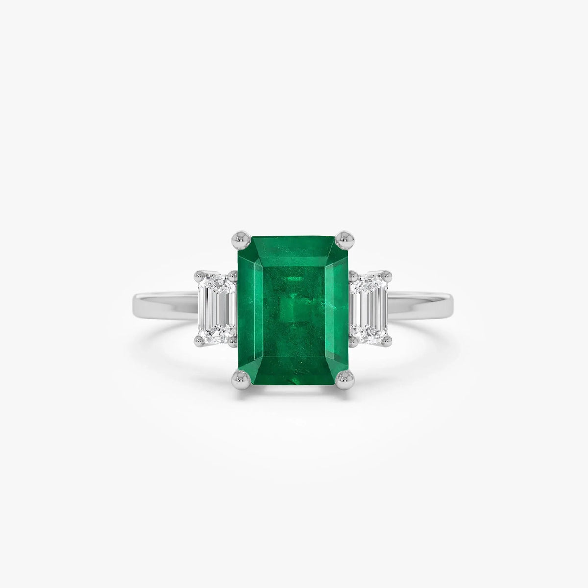 14K Solid Gold Emerald Cut Emerald and Diamond Three Stone Engagement Ring 1.75 CTW