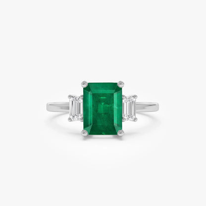 14K Solid Gold Emerald Cut Emerald and Diamond Three Stone Engagement Ring 1.75 CTW