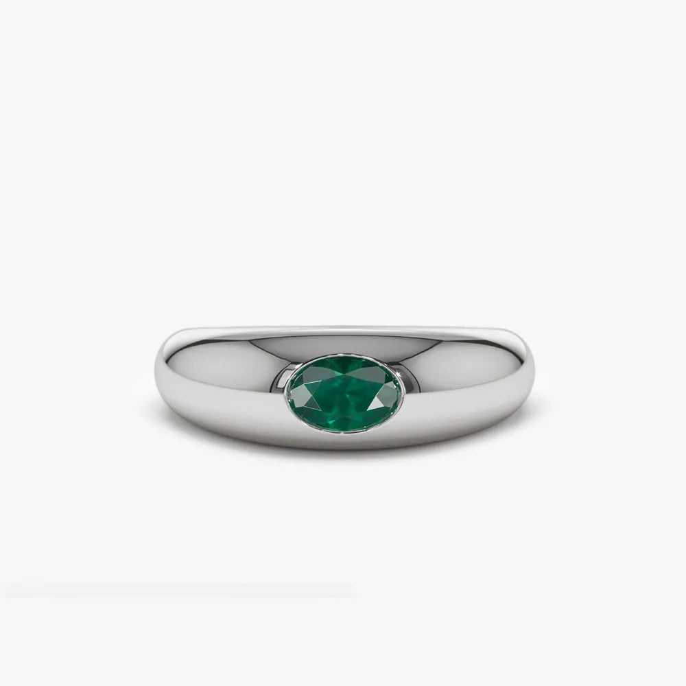 14K Solid Gold Oval Emerald Flush Set Dome Ring 0.49 CTW Handcrafted Jewelry