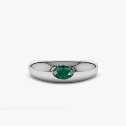 14K Solid Gold Oval Emerald Flush Set Dome Ring 0.49 CTW Handcrafted Jewelry