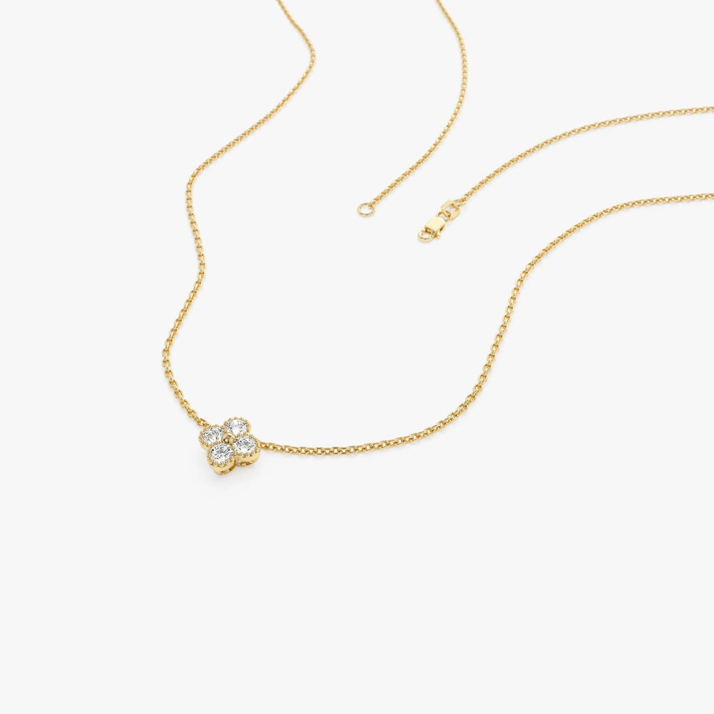 14K Solid Gold 0.15 CTW Round Diamond Clover Beaded Necklace Prong Setting
