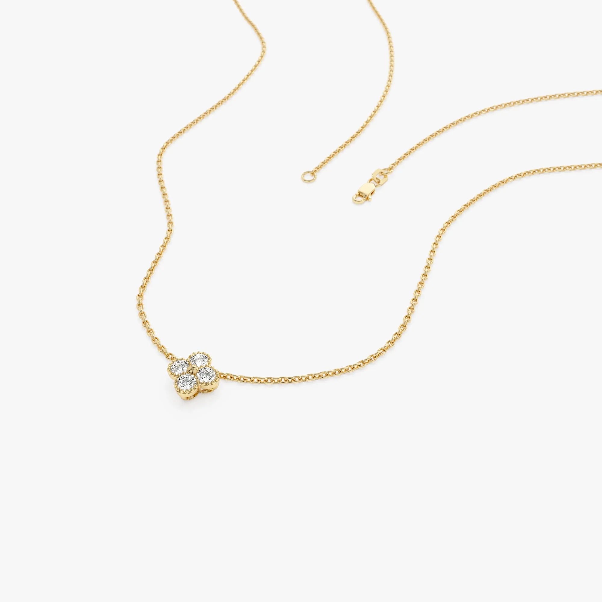 14K Solid Gold 0.15 CTW Round Diamond Clover Beaded Necklace Prong Setting