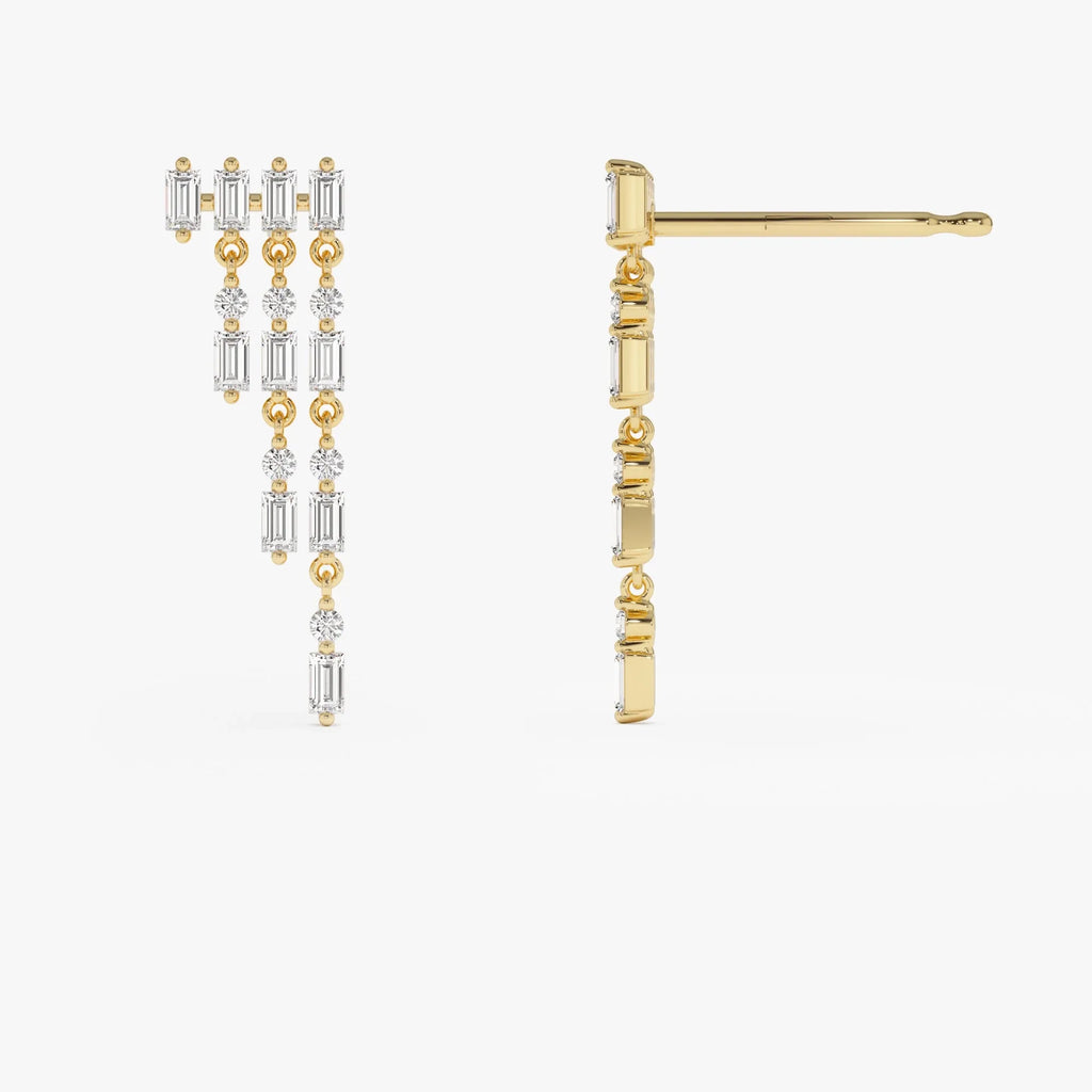 14k Gold Diamond Baguette and Round Cut Statement Chandelier Earrings 0.65 ctw