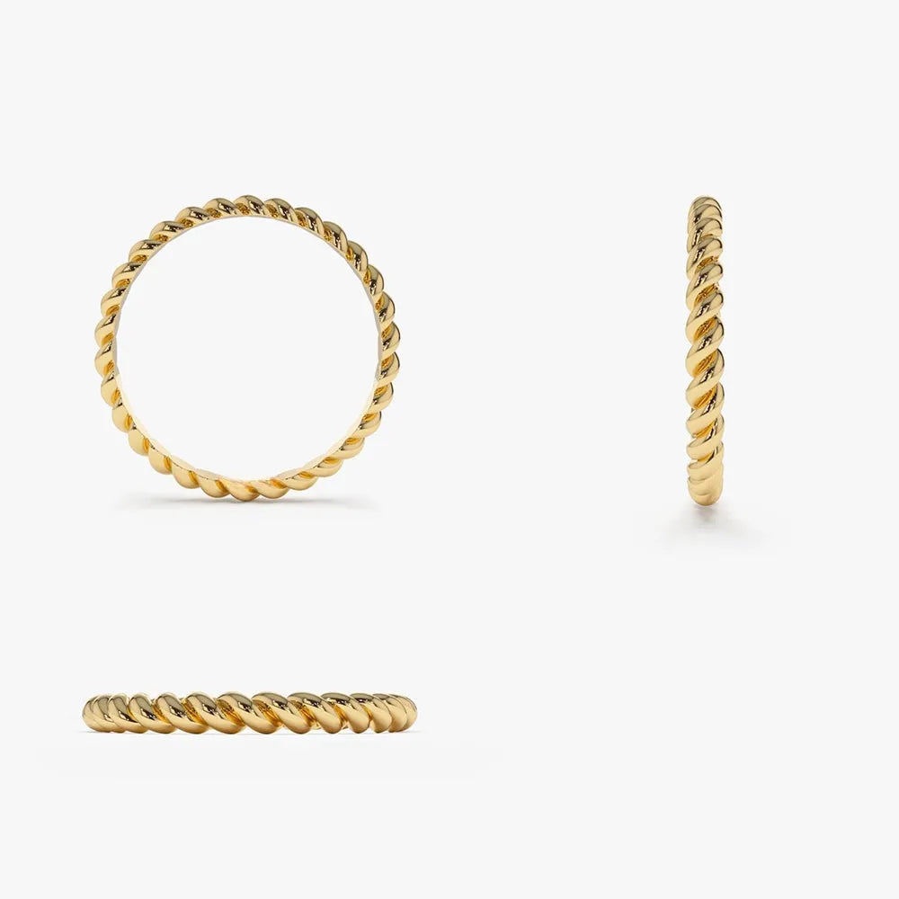 14K Solid Gold 2mm Twisted Rope Stackable Wedding Band Ring