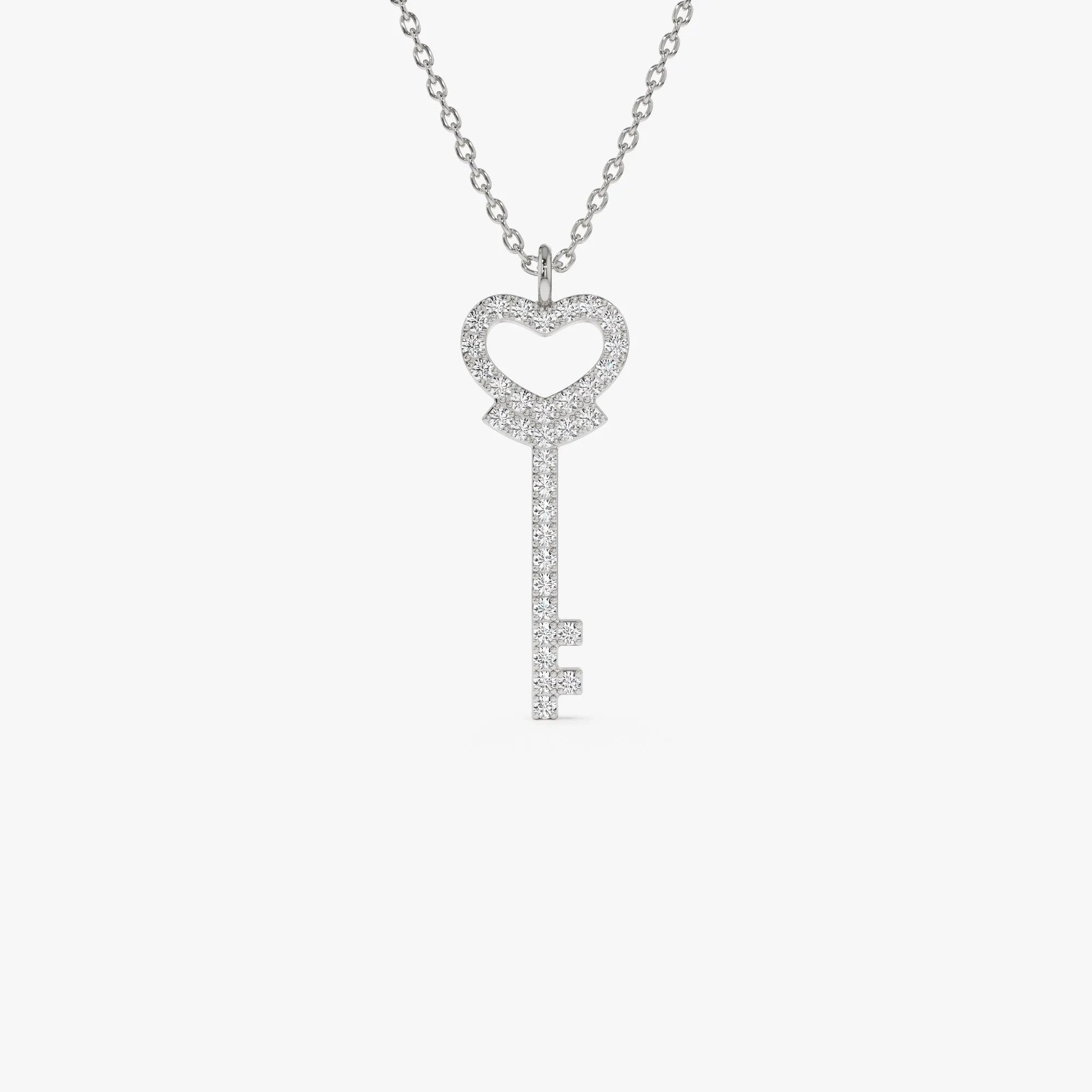 14K Solid Gold 0.20 CTW Round Diamond Heart Key Pendant Necklace