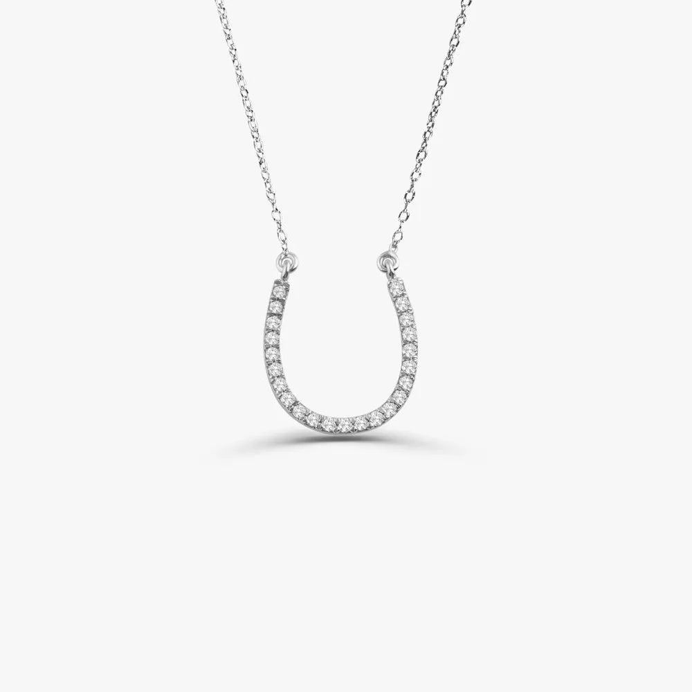 14K Solid Gold Round Diamond Large Horseshoe Pendant Necklace 0.18ctw