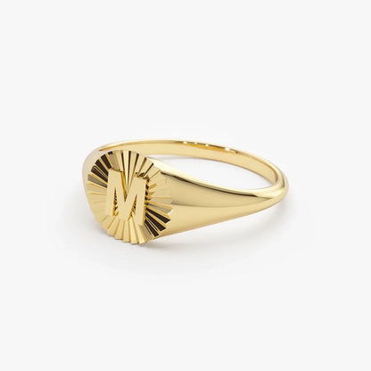 14K Gold Round Sunburst Initial Signet Ring 8mm Personalized Custom Jewelry
