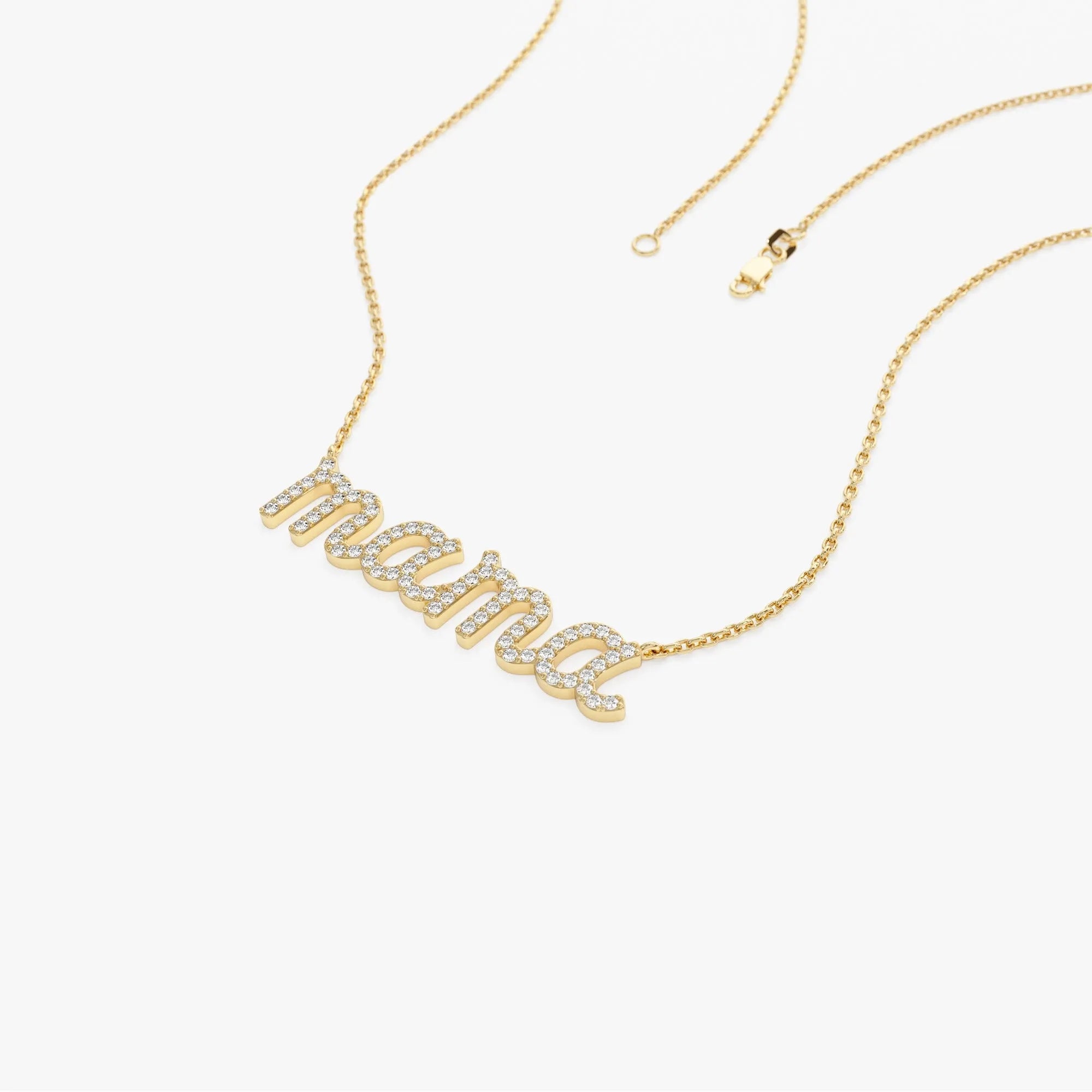 14k Solid Gold Round Diamond 0.30 CTW Micro Pave Script Mama Necklace