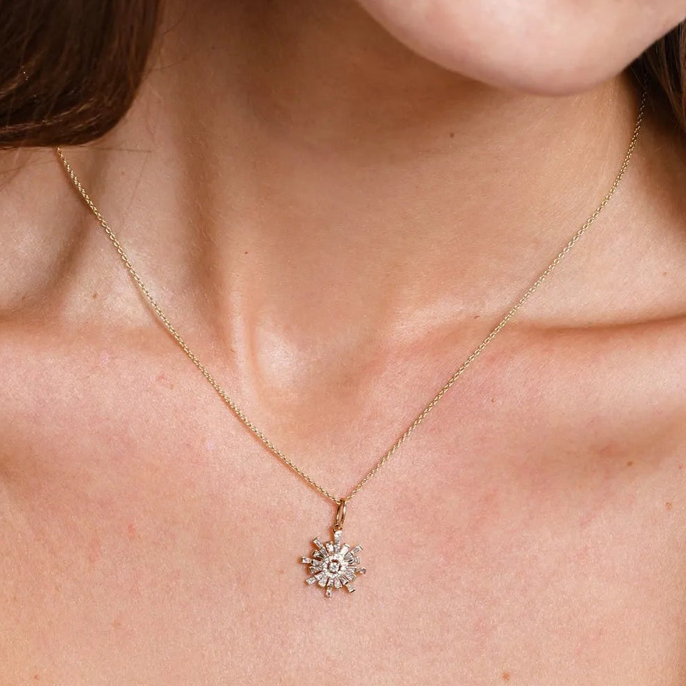 14K Solid Gold Baguette and Round Diamond Sunburst Pendant Necklace 0.40ctw
