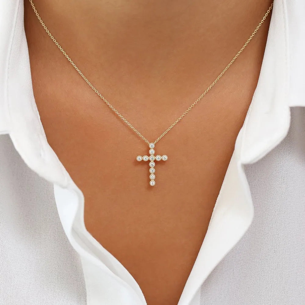14K Solid Gold Round Diamond Cross Pendant Necklace Milgrain Bezel Set 0.20ctw