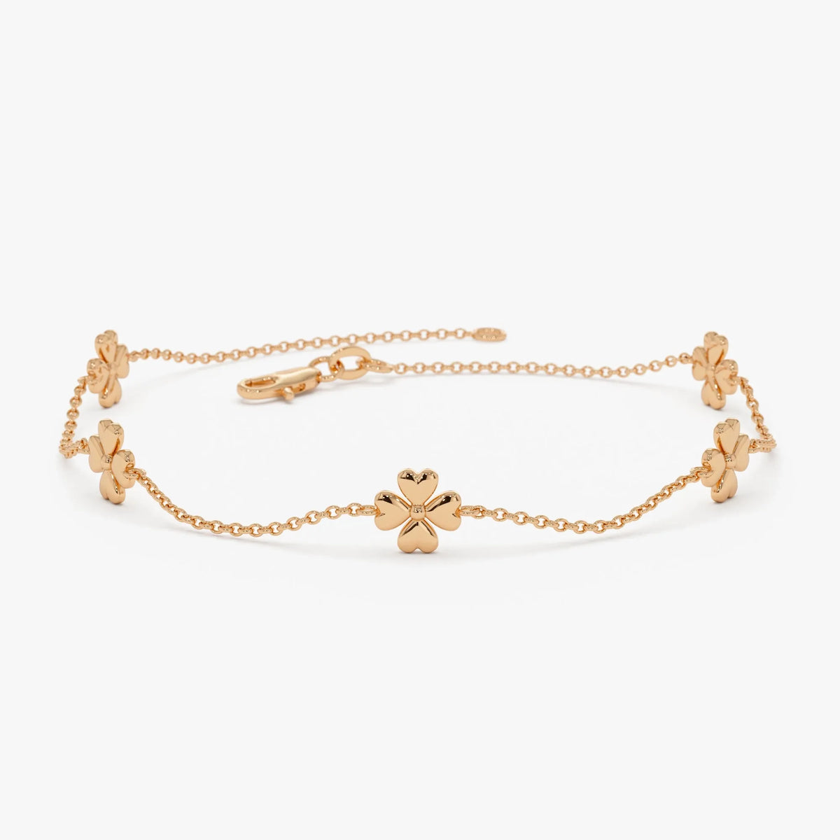 14k Solid Gold Clover Station Link Chain Bracelet with Charms