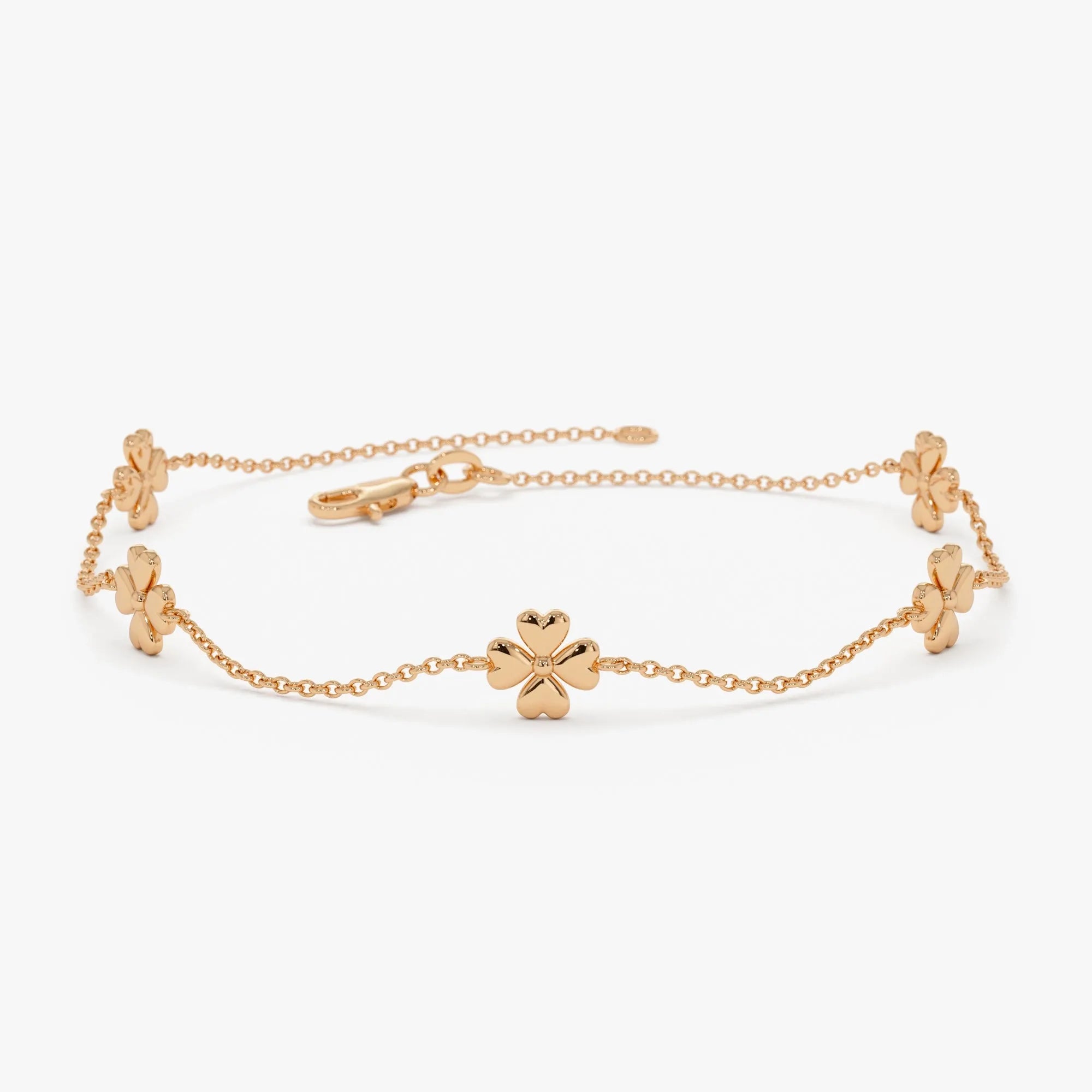 14k Solid Gold Clover Station Link Chain Bracelet with Charms