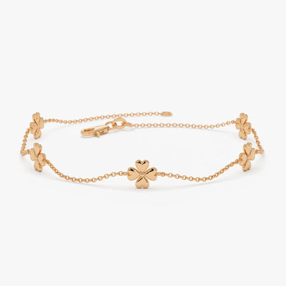 14k Solid Gold Clover Station Link Chain Bracelet with Charms