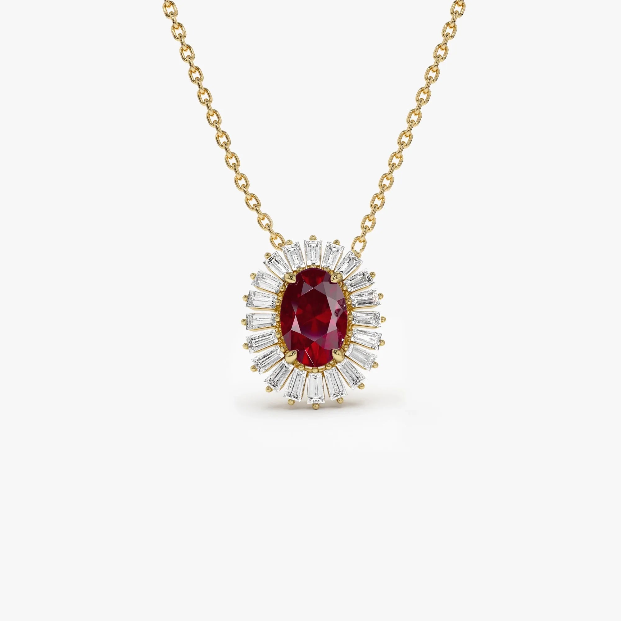 14k Solid Gold Ruby and Diamond Oval Baguette Halo Necklace 0.75 Carat Prong Setting