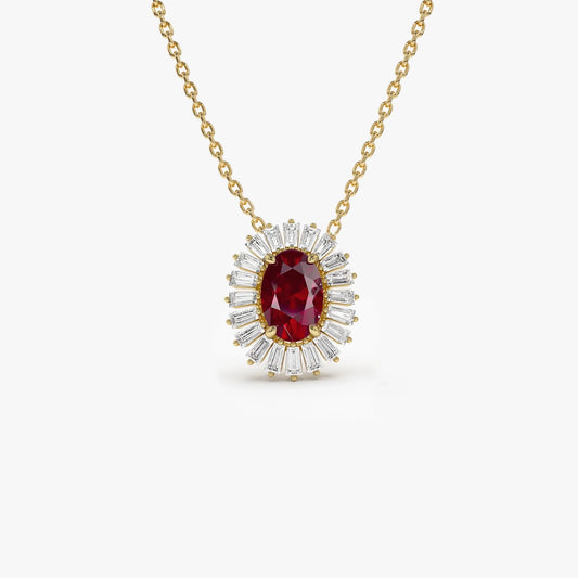 14k Solid Gold Ruby and Diamond Oval Baguette Halo Necklace 0.75 Carat Prong Setting