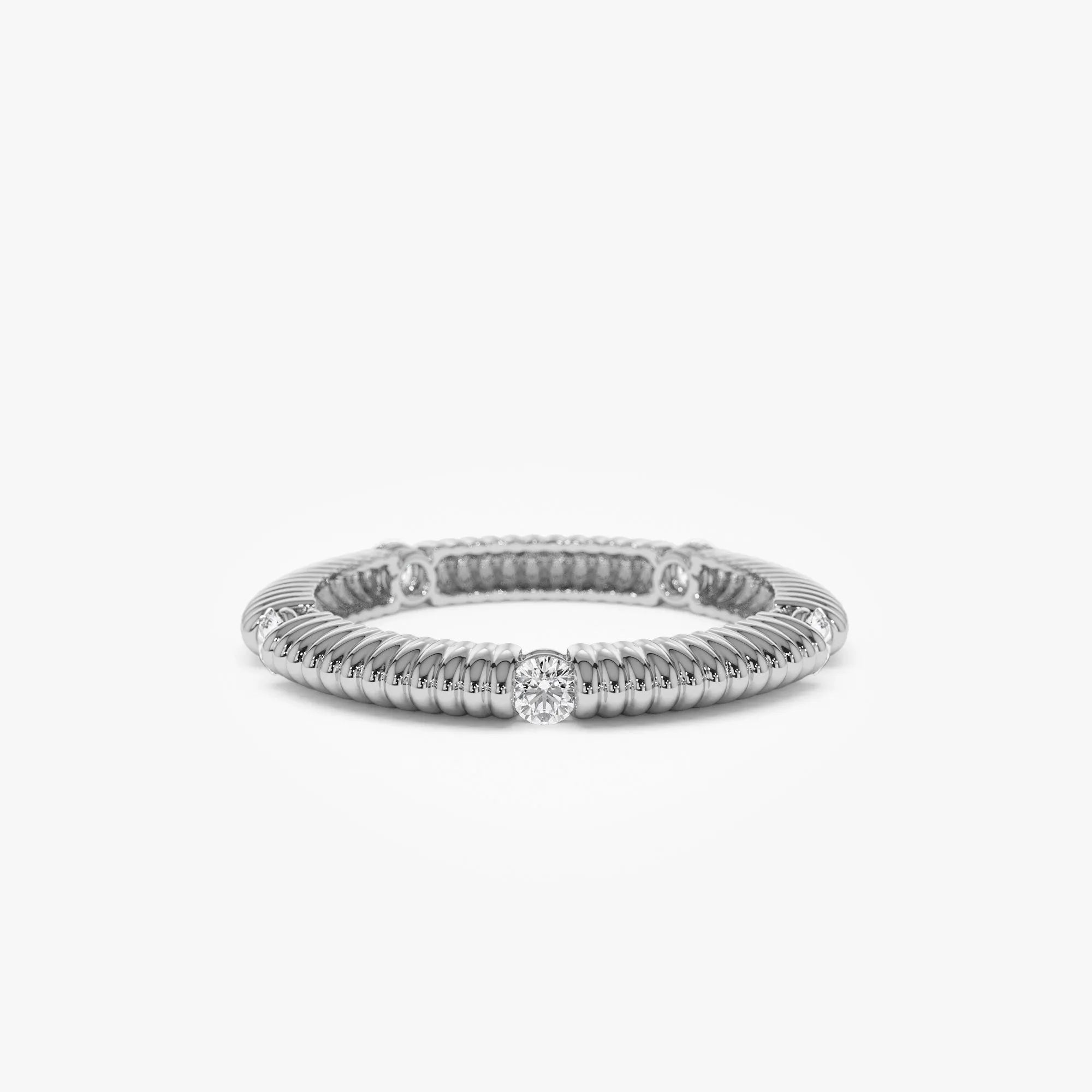 14k Solid Gold Round Diamond 0.30ctw Ribbed Wedding Ring