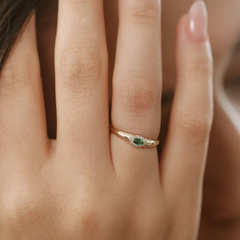 14K Gold Marquise Emerald and Round Diamond Halo Ring 0.17 CTW Handcrafted Jewelry