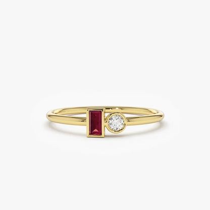 14k Gold Ruby and Diamond Baguette and Round Cut Minimalist Bezel Setting Ring 0.13 ctw
