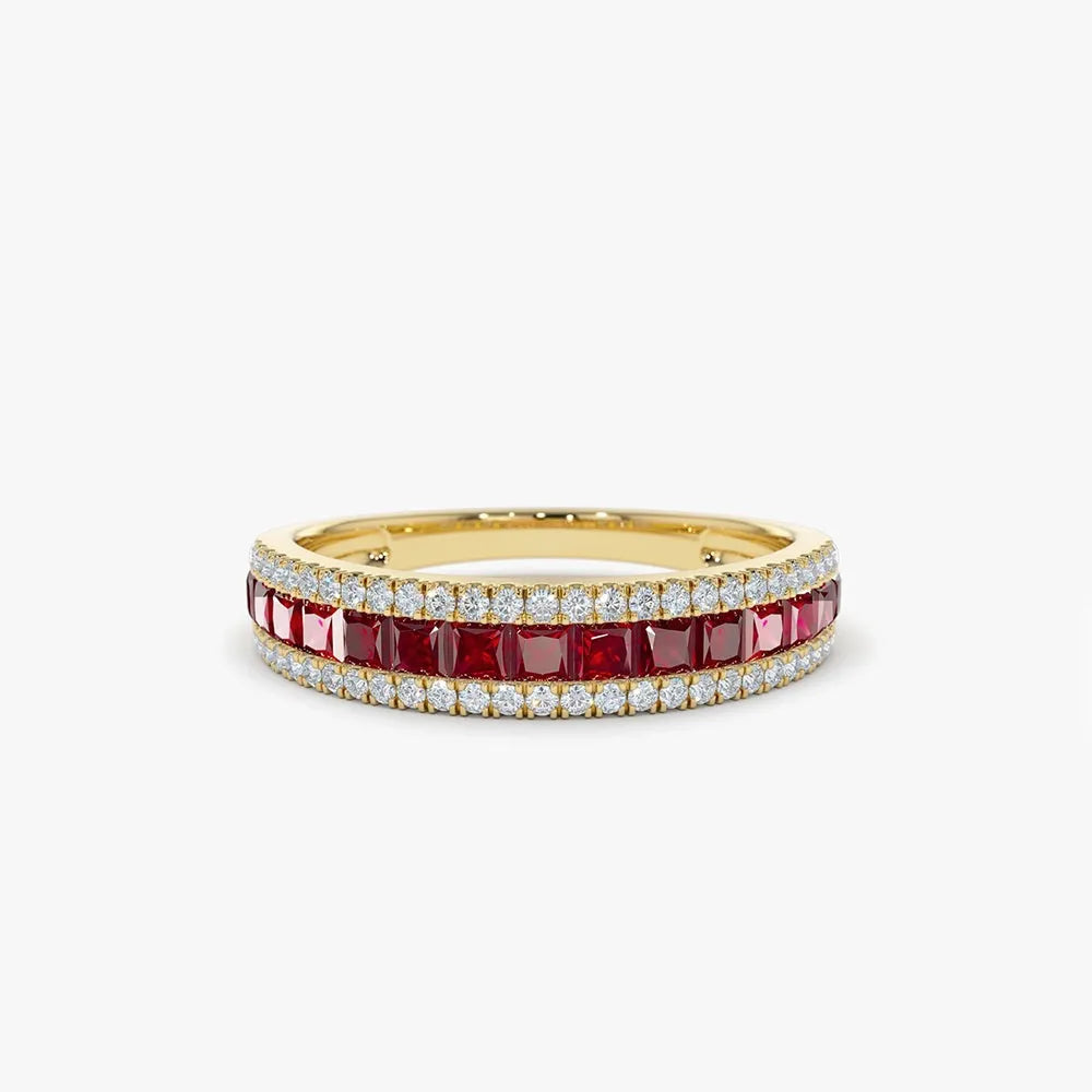 14k Solid Gold Ruby and Diamond Square and Round Cut Half Eternity Ring 1.05 ctw