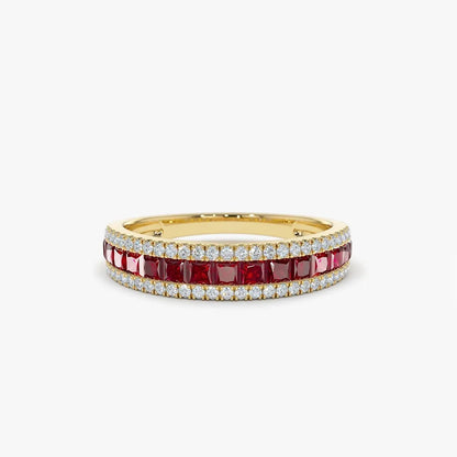 14k Solid Gold Ruby and Diamond Square and Round Cut Half Eternity Ring 1.05 ctw