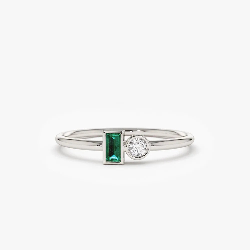14K Solid Gold Baguette Emerald and Round Diamond Bezel Set Stackable Ring 0.13 CTW