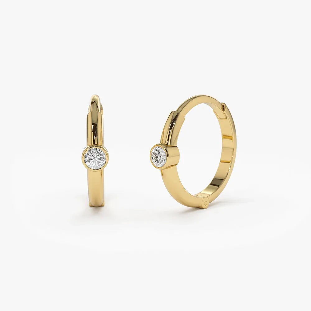 14k Gold Diamond Round Cut Bezel Setting Hoop Earrings 0.14 ctw