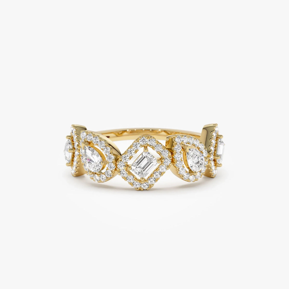 14k Solid Gold Multi Shape Emerald Pear and Round Diamond 0.80 Carat Band Ring