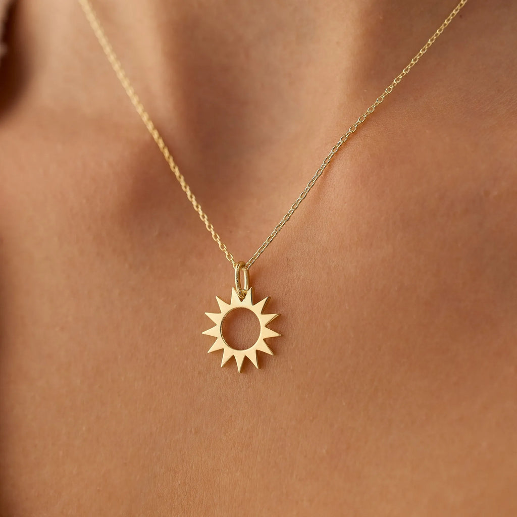 14k Solid Gold Sun Celestial Pendant Necklace
