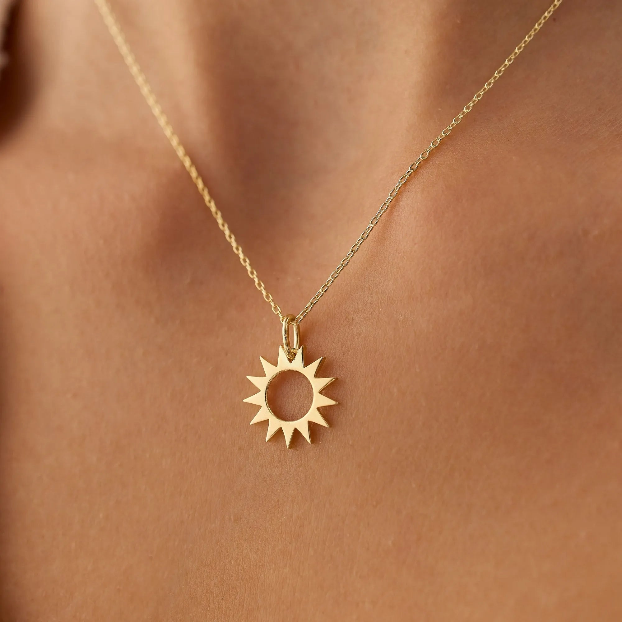14k Solid Gold Sun Celestial Pendant Necklace