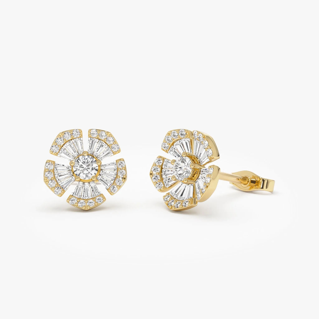14k Gold Diamond Baguette and Round Cut Flower Stud Earrings 0.85 ctw