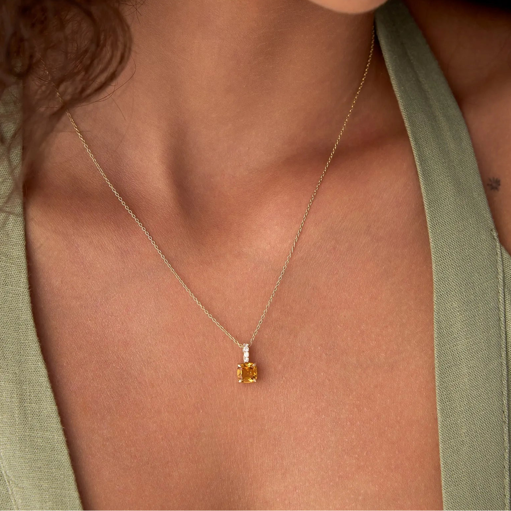 14k Solid Gold Citrine and Diamond Cushion Cut Pendant Necklace 1.02 Carat