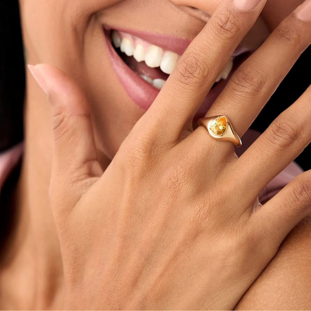 14K Solid Gold Pear Shaped Citrine 1.25ctw Statement Ring