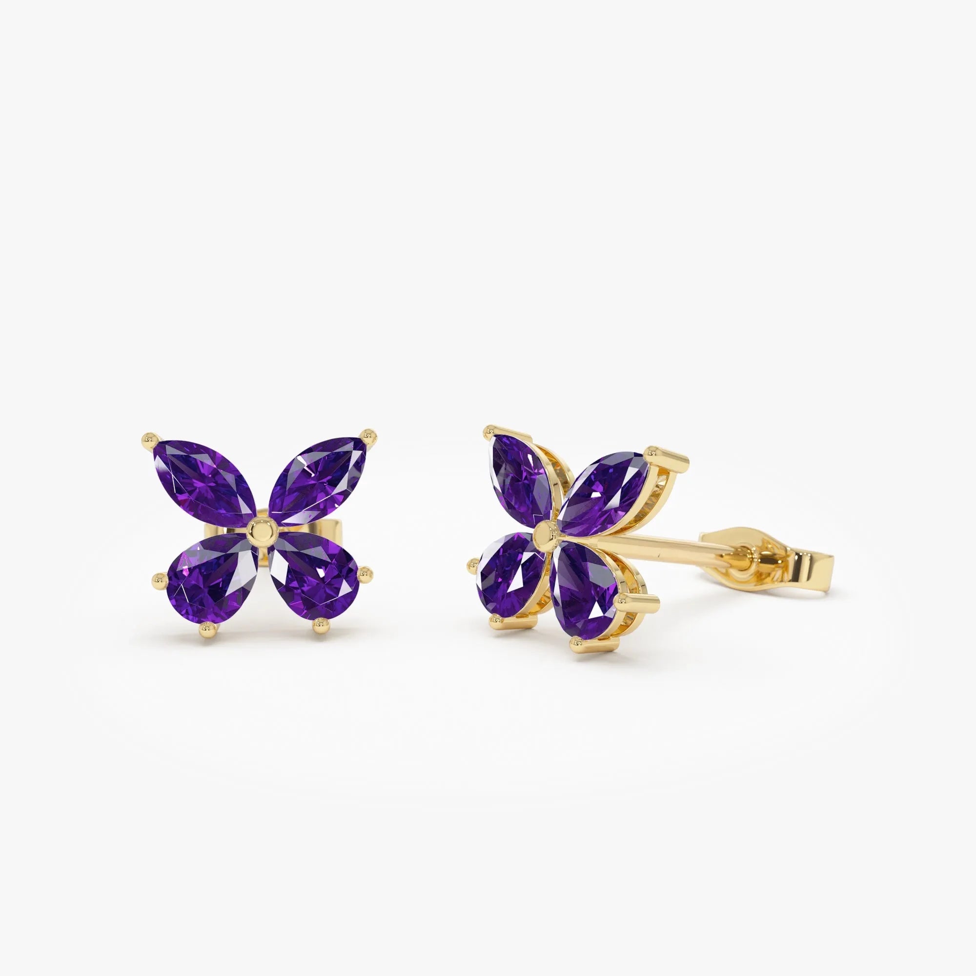 14K Solid Gold Marquise and Pear Cut Amethyst Butterfly Stud Earrings 1.15ctw