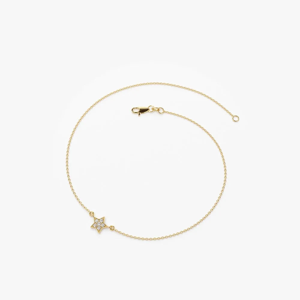 14K Solid Gold Round Diamond Star Charm Bracelet Micro Pave 0.06 Carat
