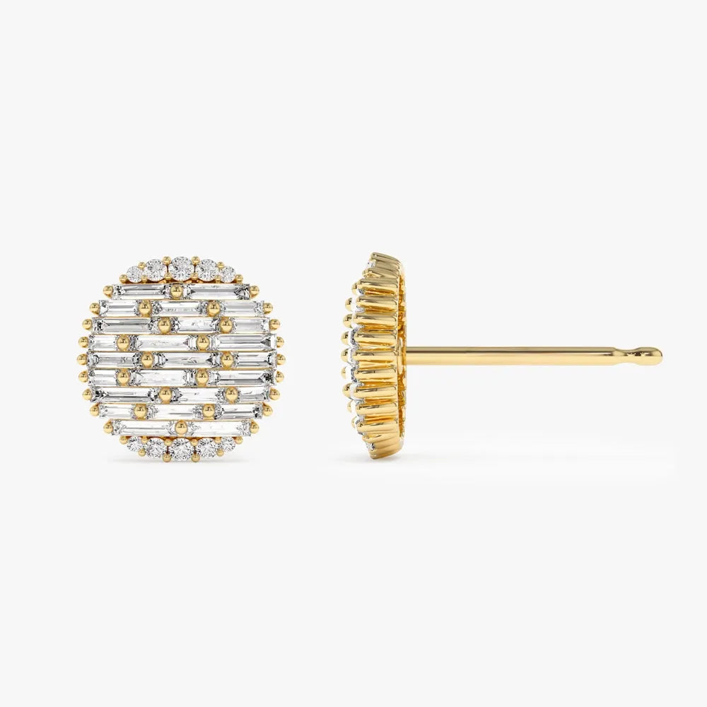 14k Gold Diamond Baguette and Round Needle Cut Statement Earrings 1.23 ctw